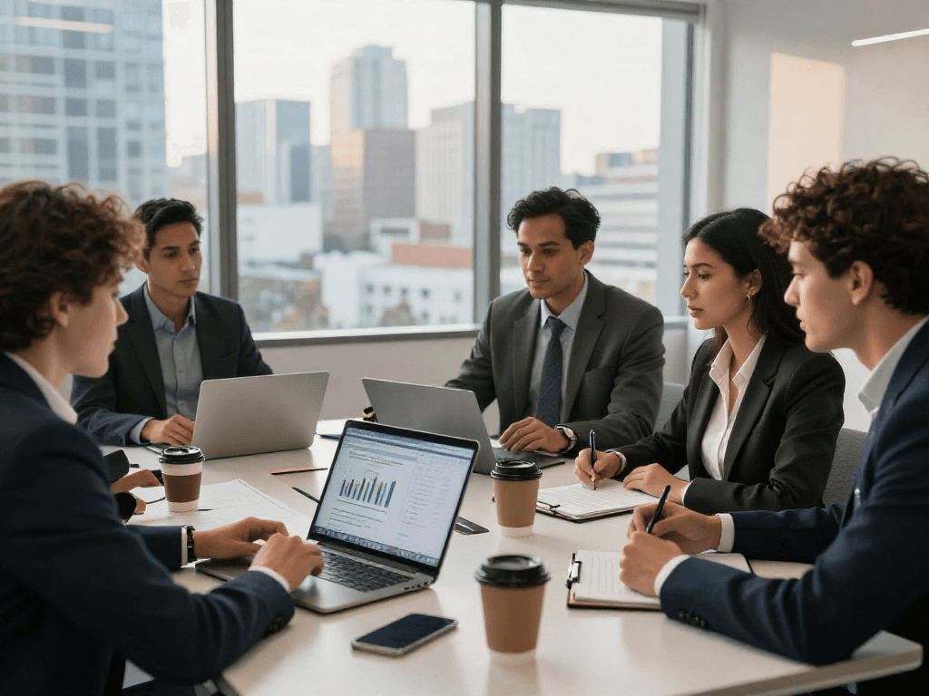 Professionals bespreken zakelijke lening opties in een moderne kantooromgeving.