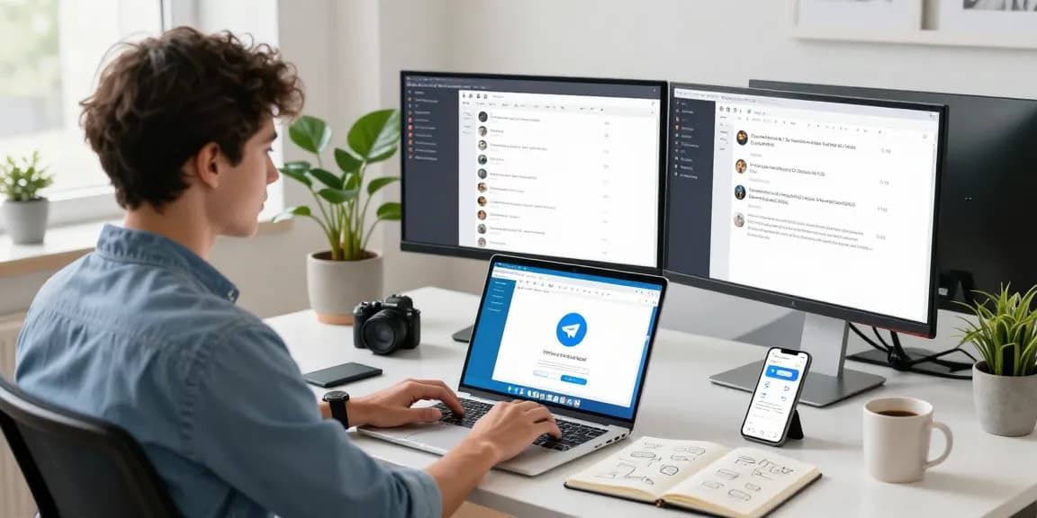 Person using Telegram Web Version on laptop in a modern office setting, showcasing productivity and tech innovation.