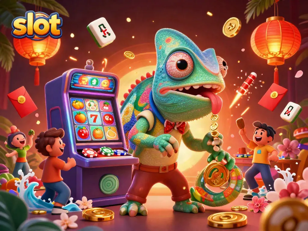 Experience thrilling slot action with a vibrant chameleon casino owner and stunning game elements.