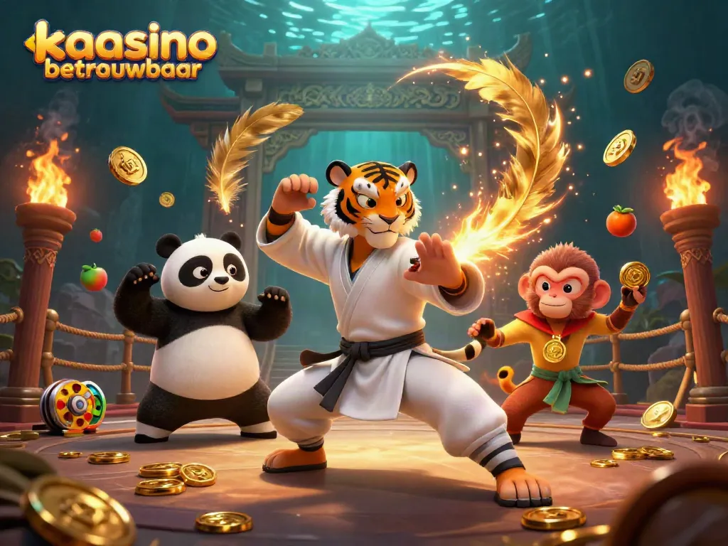 Kaasino betrouwbaar features a kung fu tiger master in a lively casino scene, highlighting exciting gaming elements.