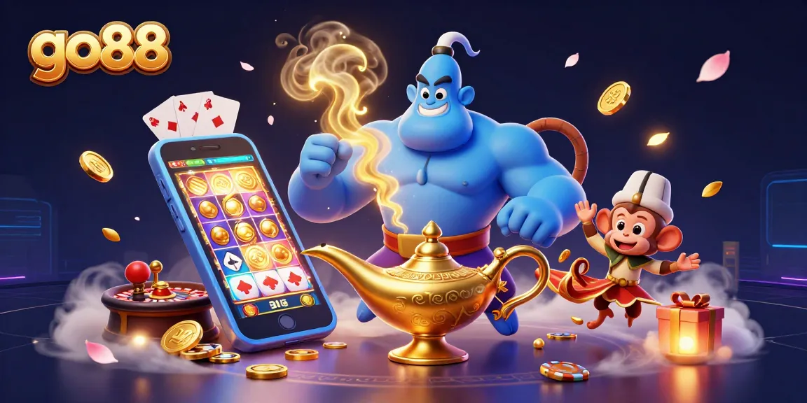 Experience the thrill of go88 with a vibrant 3D scene showcasing casino games and magic.