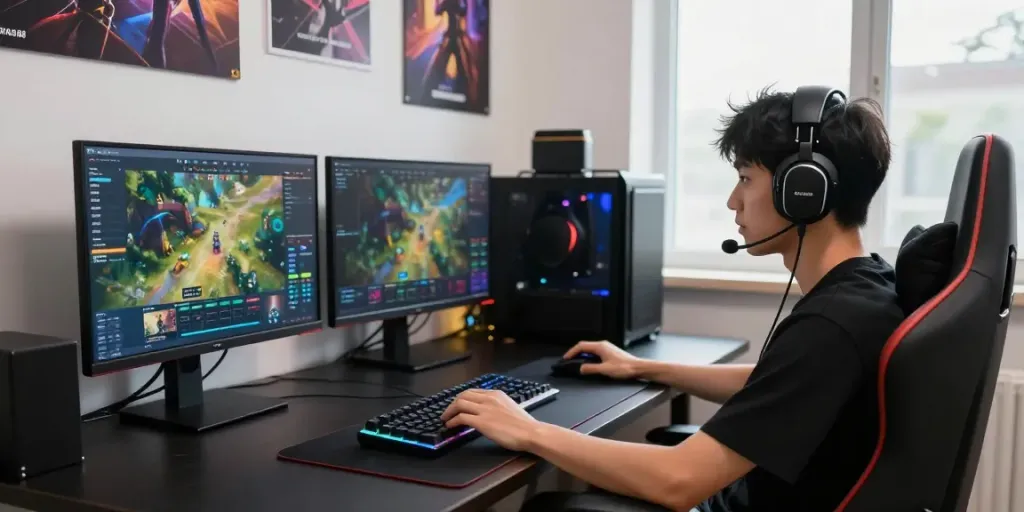 Immersive gaming scene featuring a player with rokok88-themed accessories.