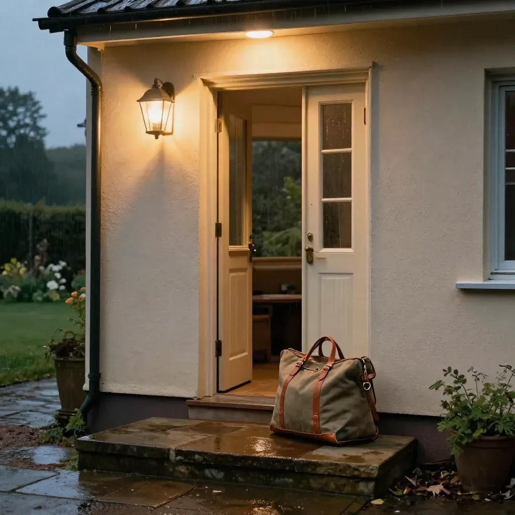 Last-minute cottage bij schemering met open deur, weekendtas en brandende buitenlamp na regen.