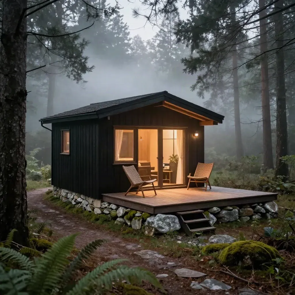 Compact boshut in de mist met twee stoelen op het terras en zacht avondlicht.