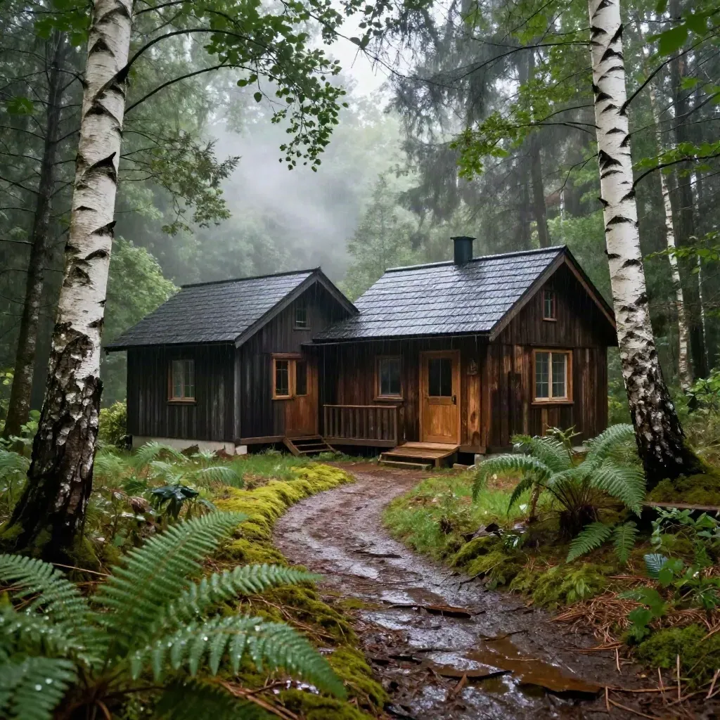Twee boshutten tussen berken en dennen, nat na regen, met kronkelpad in stil boslicht.