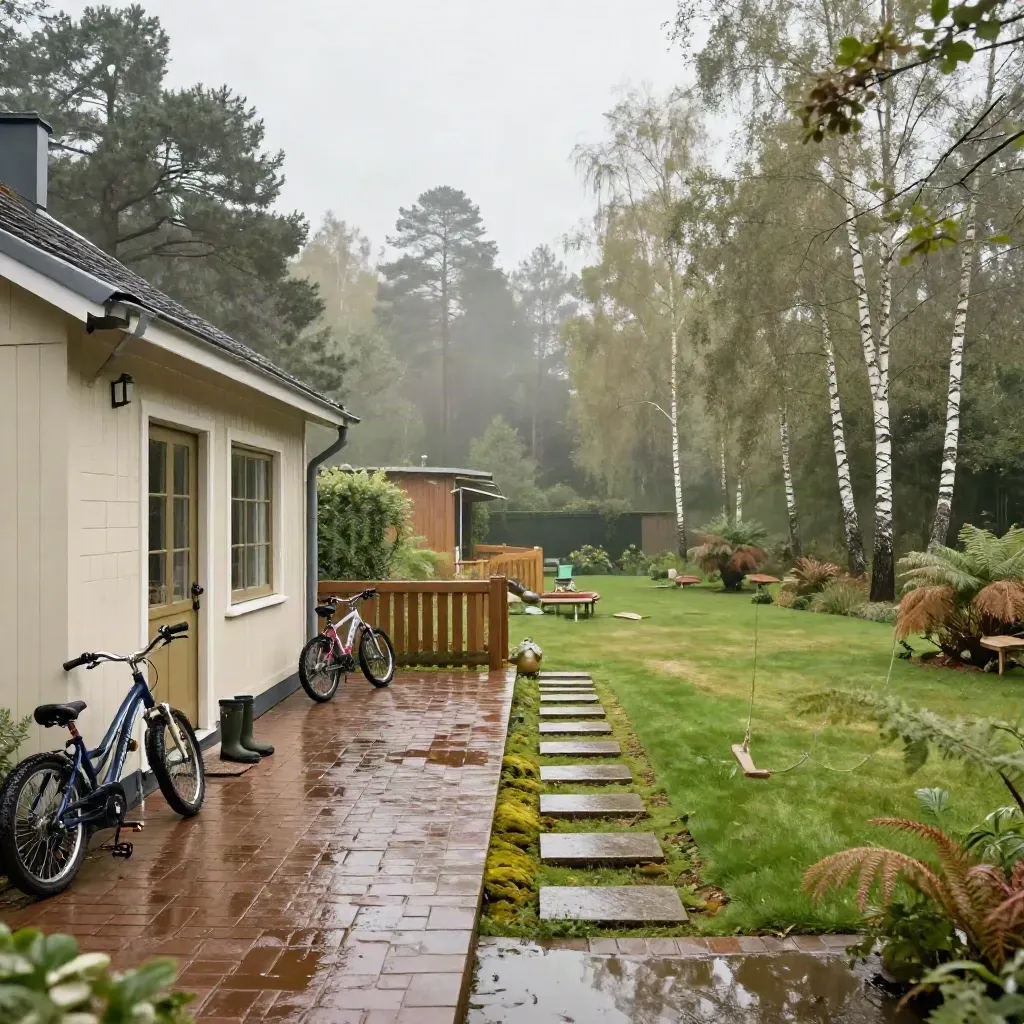 Drents familiehuis bij de bosrand met fietsen, regenlaarzen en een klein speelstrookje na de bui.
