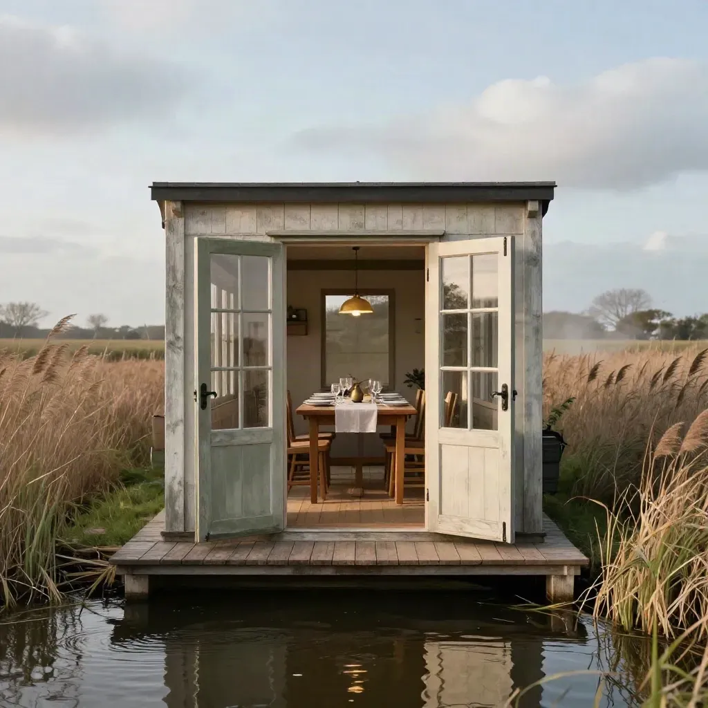 Polderhuisje aan de sloot met riet, open deuren en een gedekte eettafel in warm avondlicht.