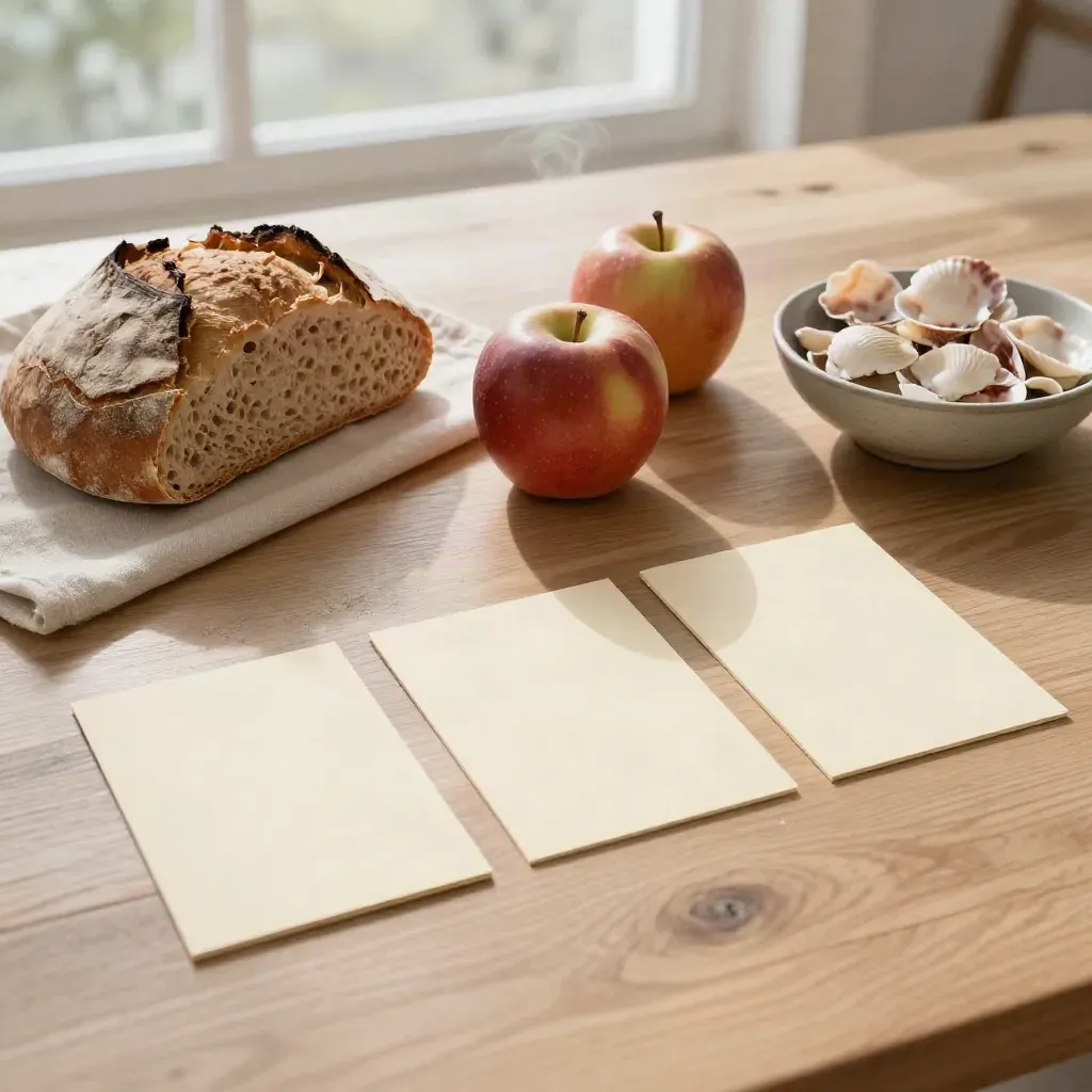 Streektafel met appels, brood, schelpen en drie kaartjes op een lichte houten tafel.