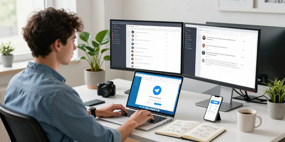 Person using Telegram Web Version on laptop in a modern office setting, showcasing productivity and tech innovation.