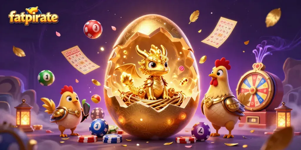 Experience the thrill at fatpirate with a baby dragon and poker chips in a vibrant casino illustration.