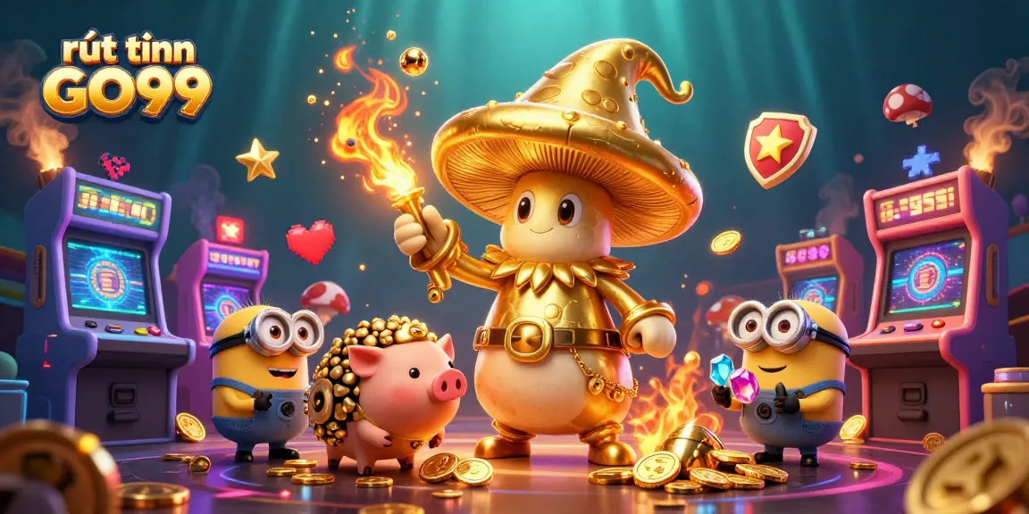 Engage with rút tiền GO99 in a magical, treasure-filled 3D casino environment featuring colorful game elements.