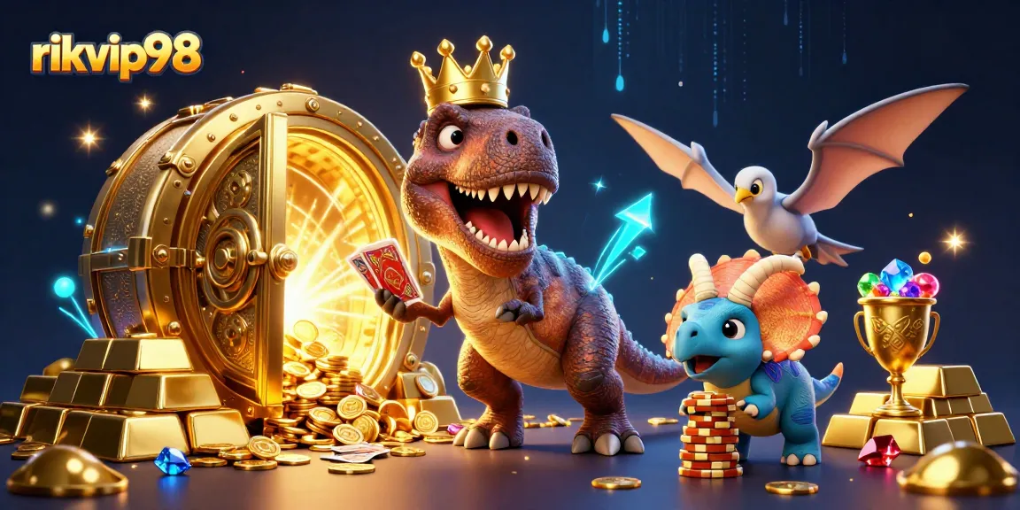 Engage with rikvip98's thrilling gaming experience, as a T-Rex shuffles cards and a triceratops stacks chips.