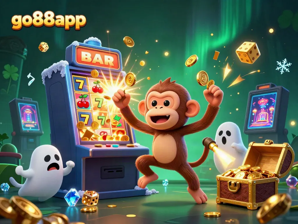Experience the excitement of go88app with a poltergeist monkey and ghost-hunter puppy in a vibrant casino scene.