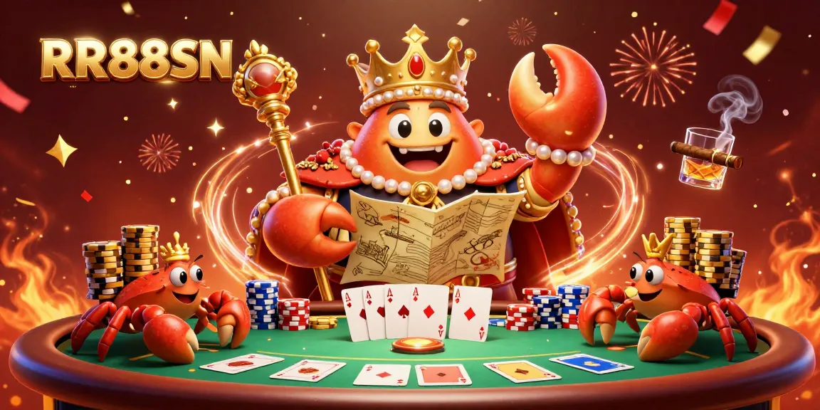 Engage with RR88SN's vibrant casino scene showcasing a golden crab emperor among poker elements.