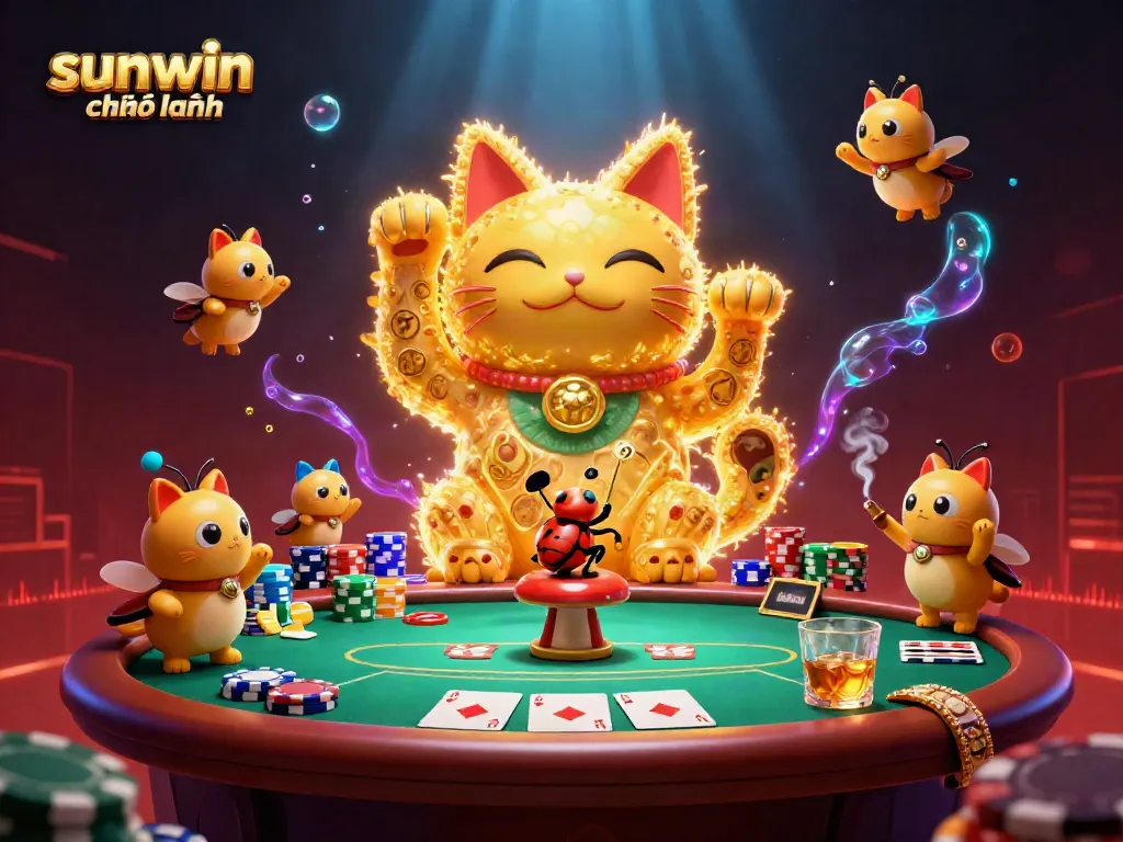 Engage with the dynamic scene of sunwin chính hãng featuring a captivating lucky cat and vibrant poker elements.