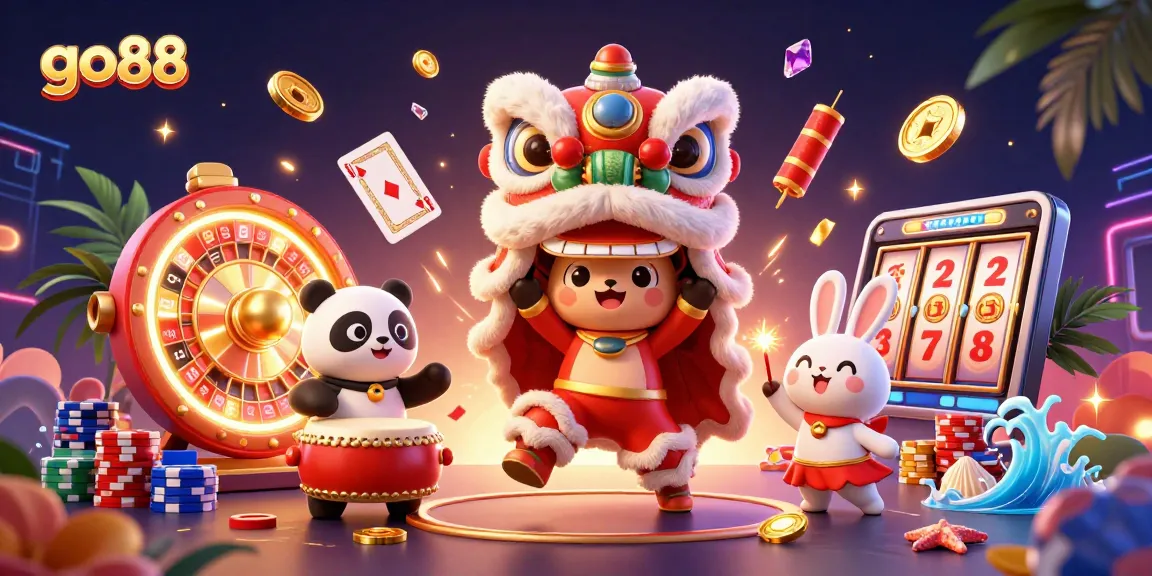 Experience the excitement of go88 with a vibrant 3D lion dance surrounded by casino elements.