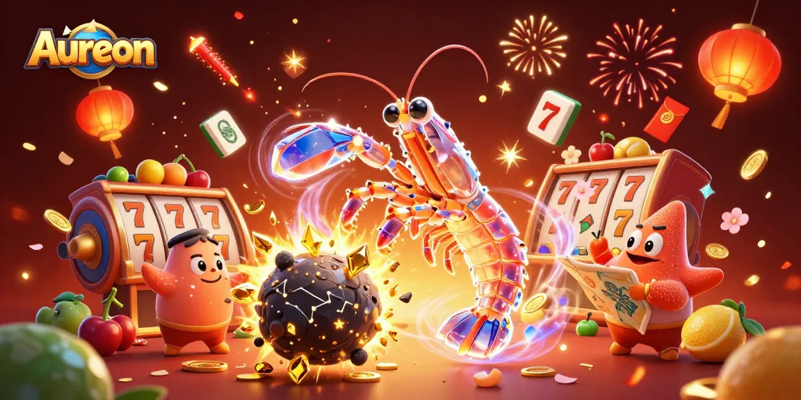 Experience winning moments at Aureon Casino with vibrant slots and festive energy in this 3D scene.