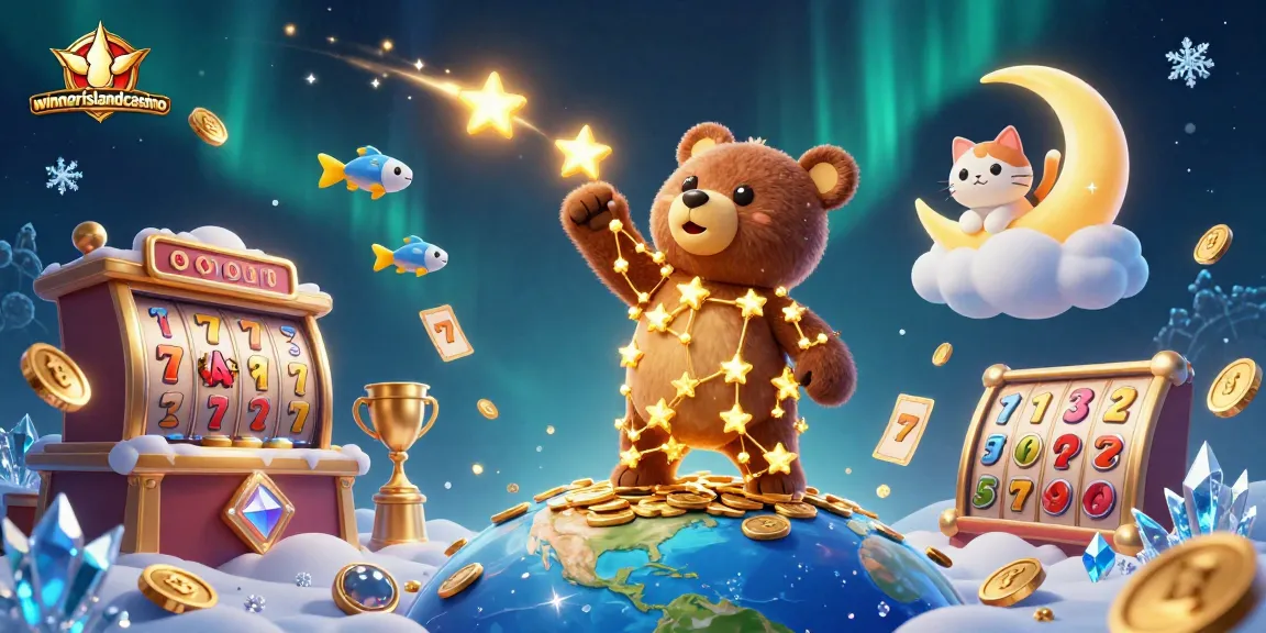 Win big at winnerislandcasino with a golden constellation bear and slot reels in vibrant illustration.