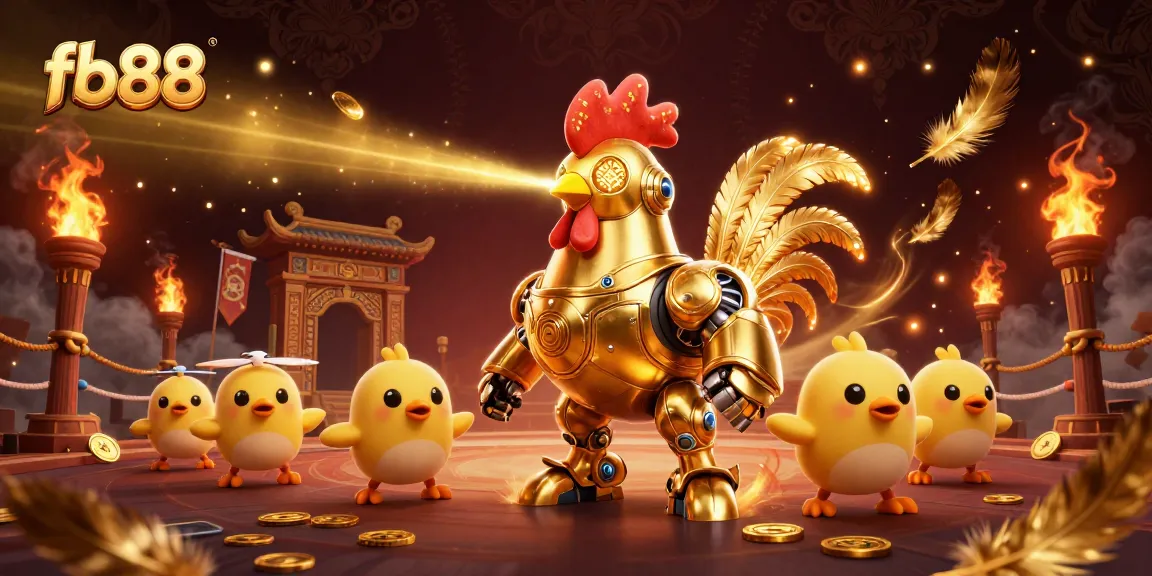 Engage with fb88's vibrant online casino world showcasing a golden rooster robot and chick drones in action.